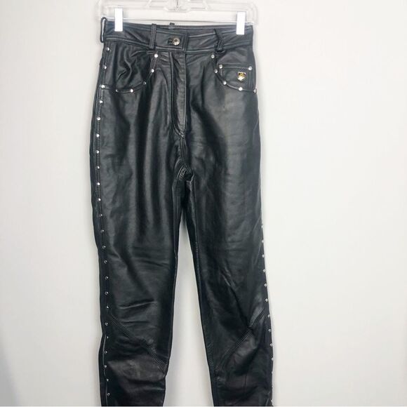 HARLEY DAVIDSON | Straight Leg Black Leather Pants Studded Women’s Size 6 / 34 - Picture 1 of 12
